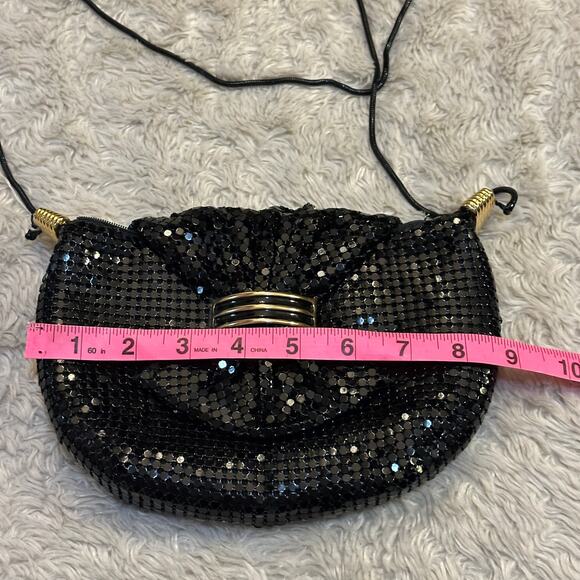 Vintage 80s Glam Black Metal Mesh Bow Purse Shoulder Handbag Chainmaille Gold - Picture 7 of 9